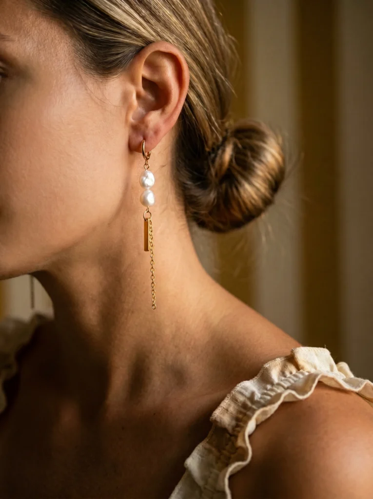 pendientes asimétricos dorados con perlas mujer